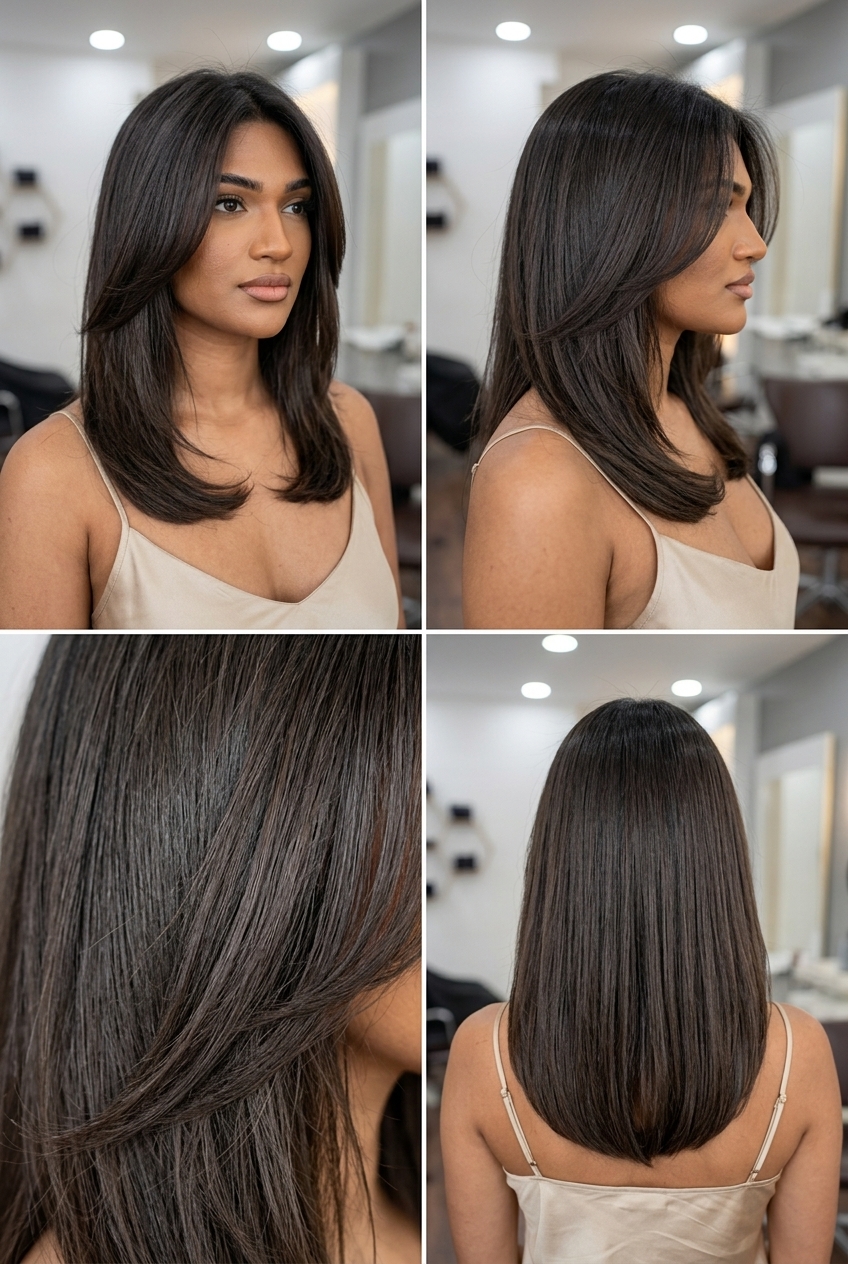 medium-long U-shaped haircut with deep espresso, seamless layers, face-framing pieces — sophisticated, sleek