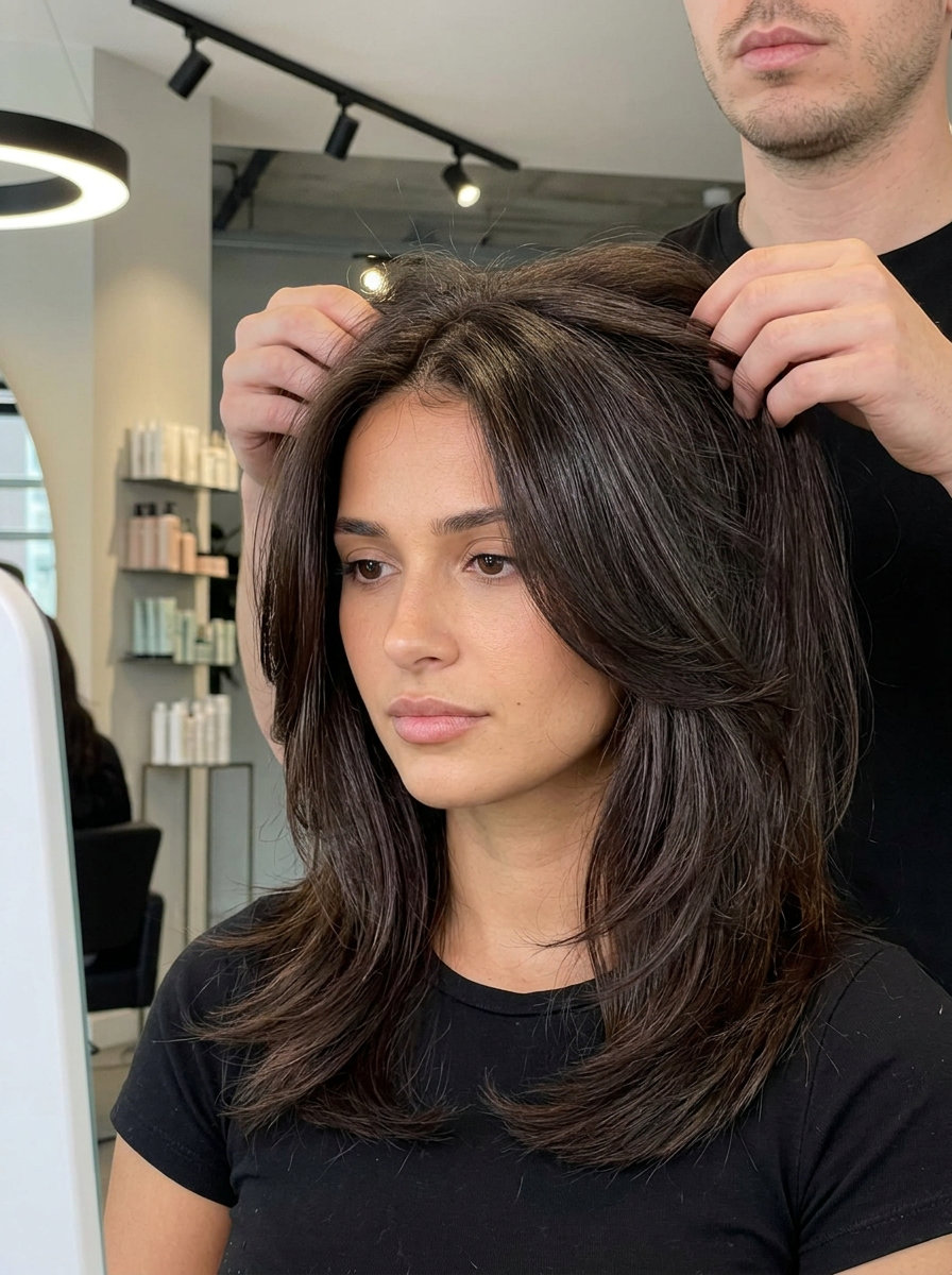 medium length wolf cut lite with deep espresso brunette, wispy fringe for summer
