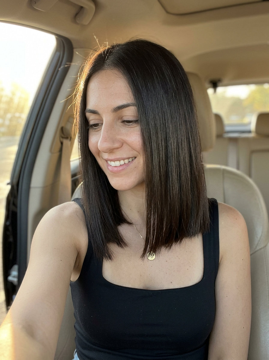 Blunt Mid-Length Espresso Brunette 2026 mid-length blunt haircut in deep espresso brunette with cool mocha root smudge, zero-elevation cut, no bangs — sophisticated polished summer style