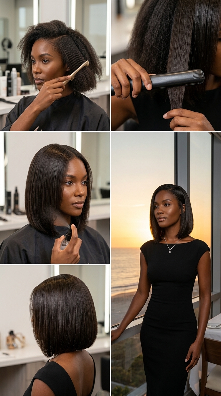 short blunt bob with espresso gloss, high-reflectivity, for professional events