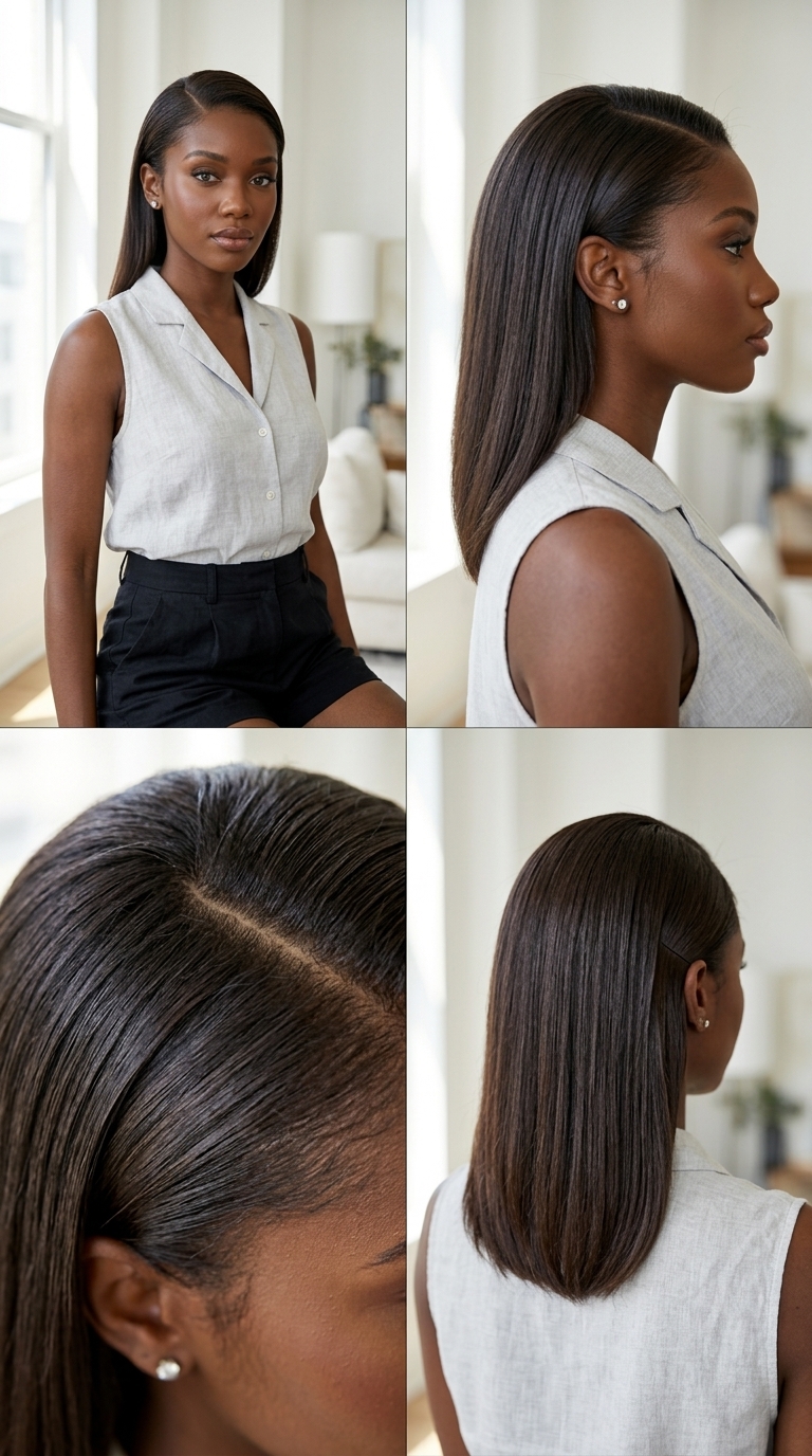 short sleek bob haircut with espresso gloss and deep side part for professional look