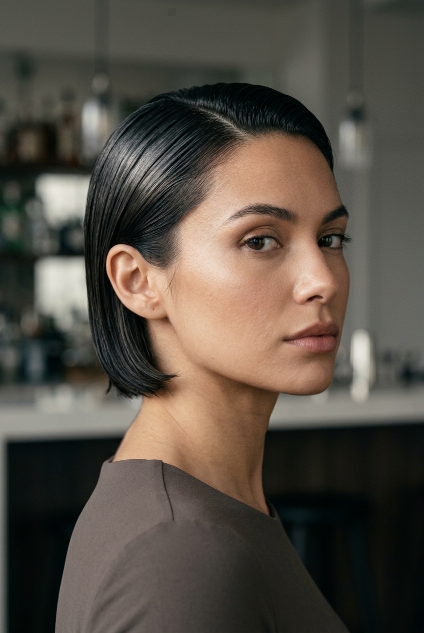 short slick bob with rich espresso, deep raven, high-gloss finish, for date nights