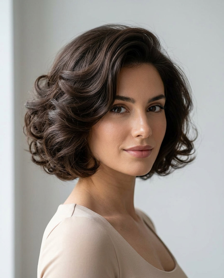 Regal Brunette Baroque Bob 2026 short baroque textured bob with rich espresso lowlights, sculpted layers, no bangs — romantic evening gala