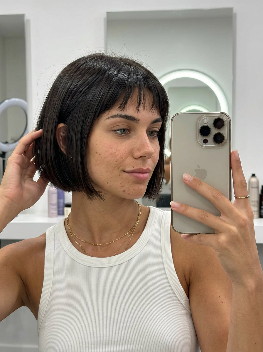short espresso razor bob with micro-fringe, razored wispy fringe, high-fashion mood