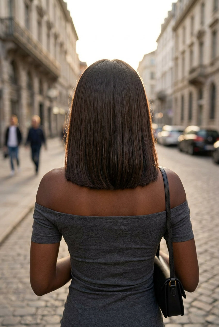 Laser-Cut Espresso Lob for Fine Hair shoulder-length lob haircut in deep espresso brunette with cool mocha undertones, razor-sharp perimeter, no bangs — sharp sophisticated summer lob