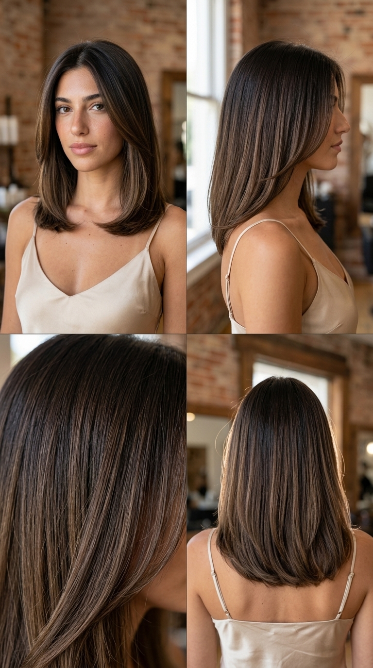 shoulder-length blunt ombre with rich espresso, reverse gradient, sleek finish — sophisticated professional look