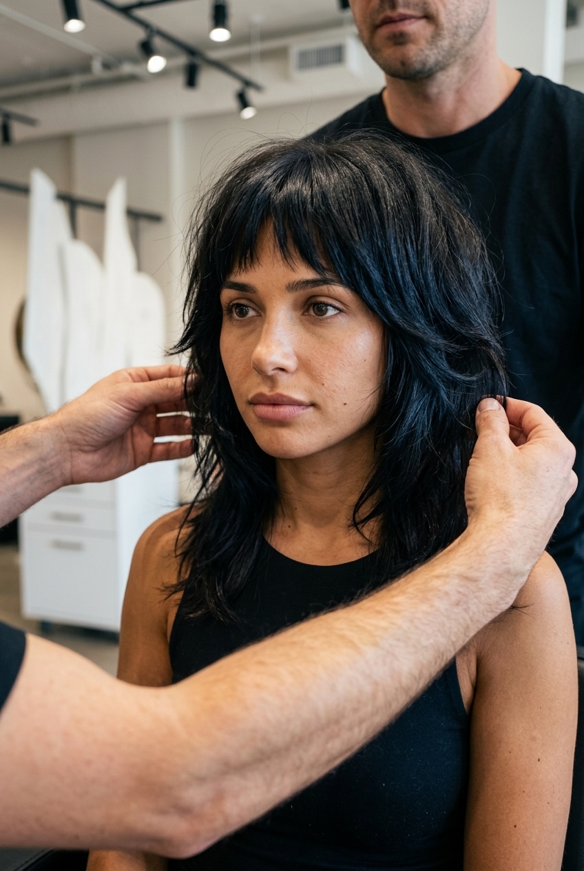 shoulder-length espresso shag with blue-black undertones, razor-cut layers, brow-skimming fringe — edgy night out