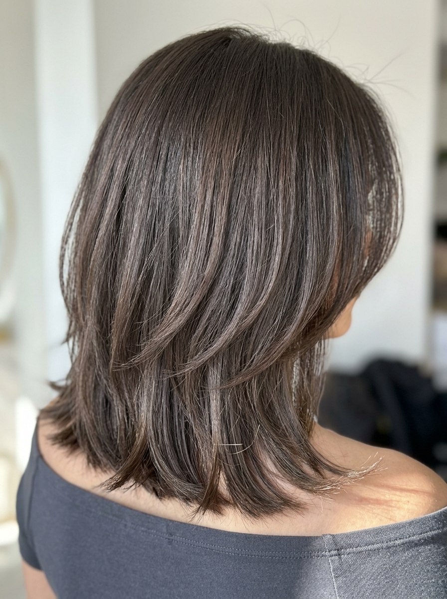 shoulder-length espresso shag lob with cool mocha undertones, scissor-over-comb layers, chin-length face-framing — professional daily wear