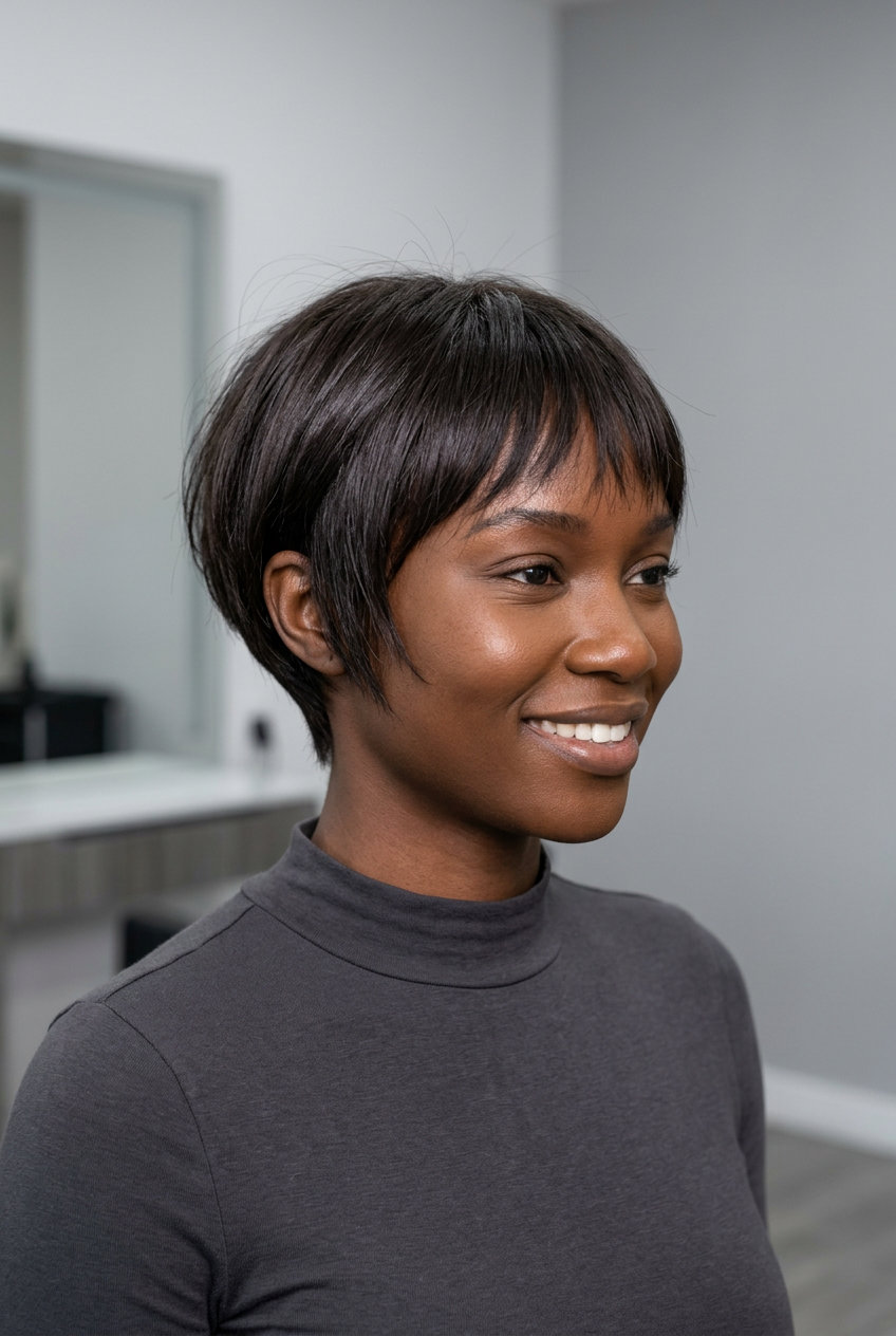 Parisian Petit Bob 2026 very short textured bob haircut with deep espresso gloss, wispy micro-fringe — minimalist edgy chic