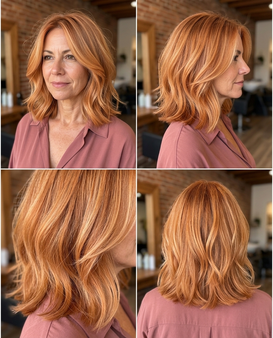 short golden apricot lob haircut with strawberry blonde babylights, internal layers, no fringe — bohemian playful