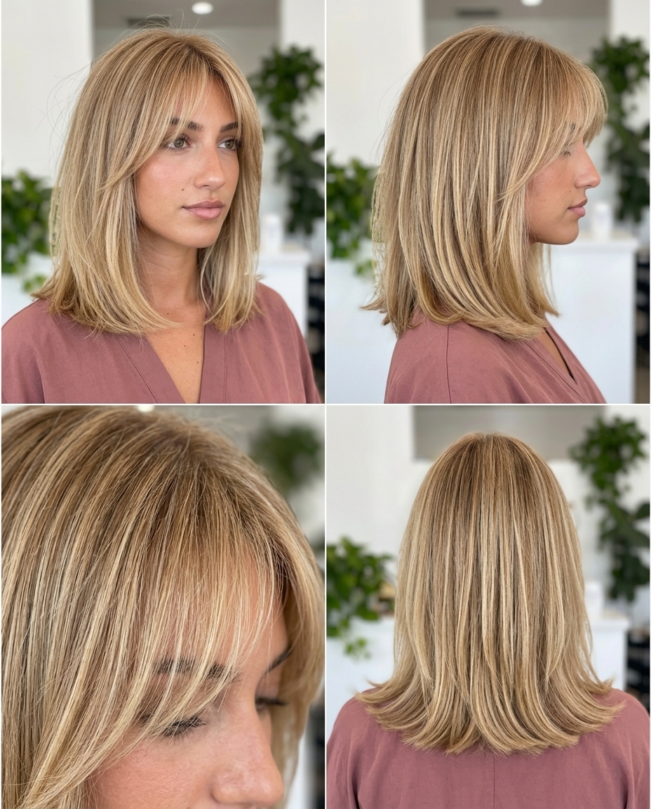Golden Blonde Lob with Feathered Bangs 2026 collarbone-length golden blonde lob haircut with feathered bangs for summer