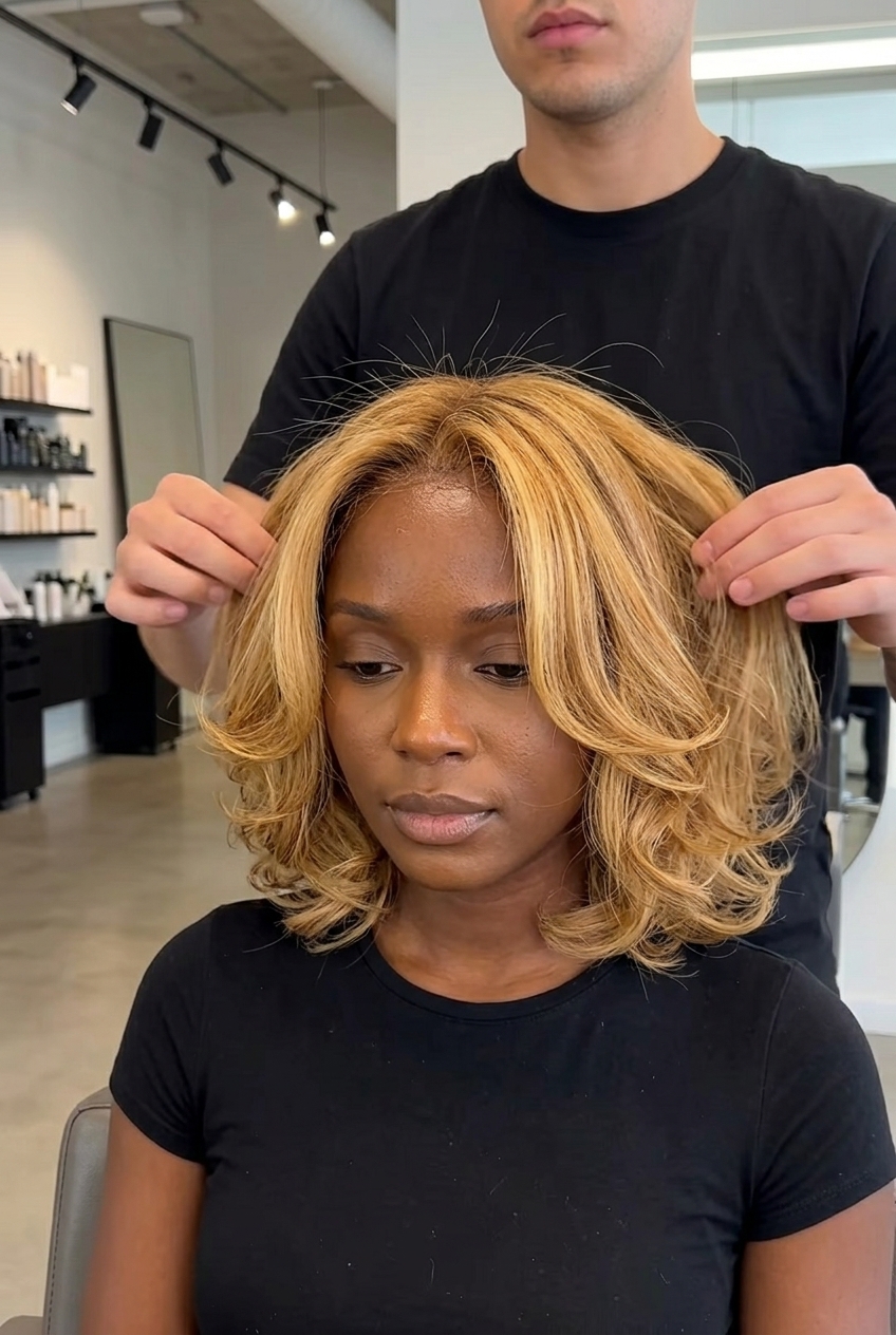 jaw-length golden blonde layered bob with honey balayage, face-framing layers — vibrant playful