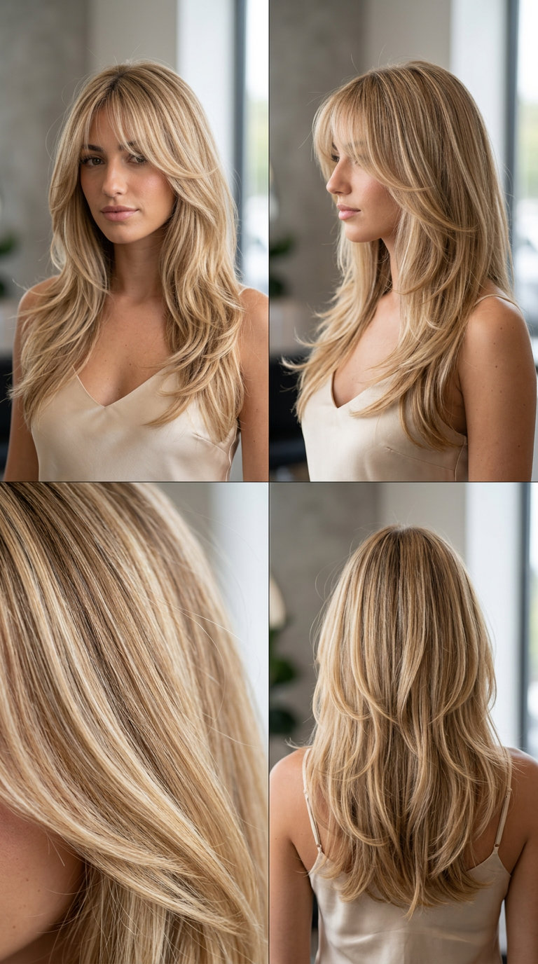 Y2K Butterfly Cut with Golden Blonde & Wispy Bangs 2026 long butterfly haircut with golden blonde, wispy bangs, and swooping layers for summer