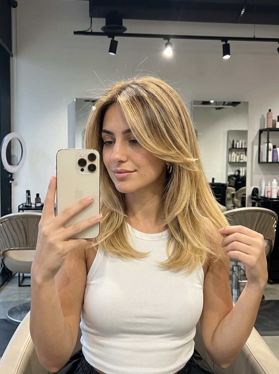 long layered ombre with golden blonde, warm balayage, face-framing highlights — effortless california cool