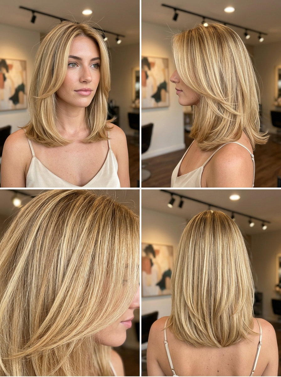 Golden Hour Sculpted Lob 2026 medium layered lob haircut with golden blonde, invisible layers, no bangs — radiant polished 2026