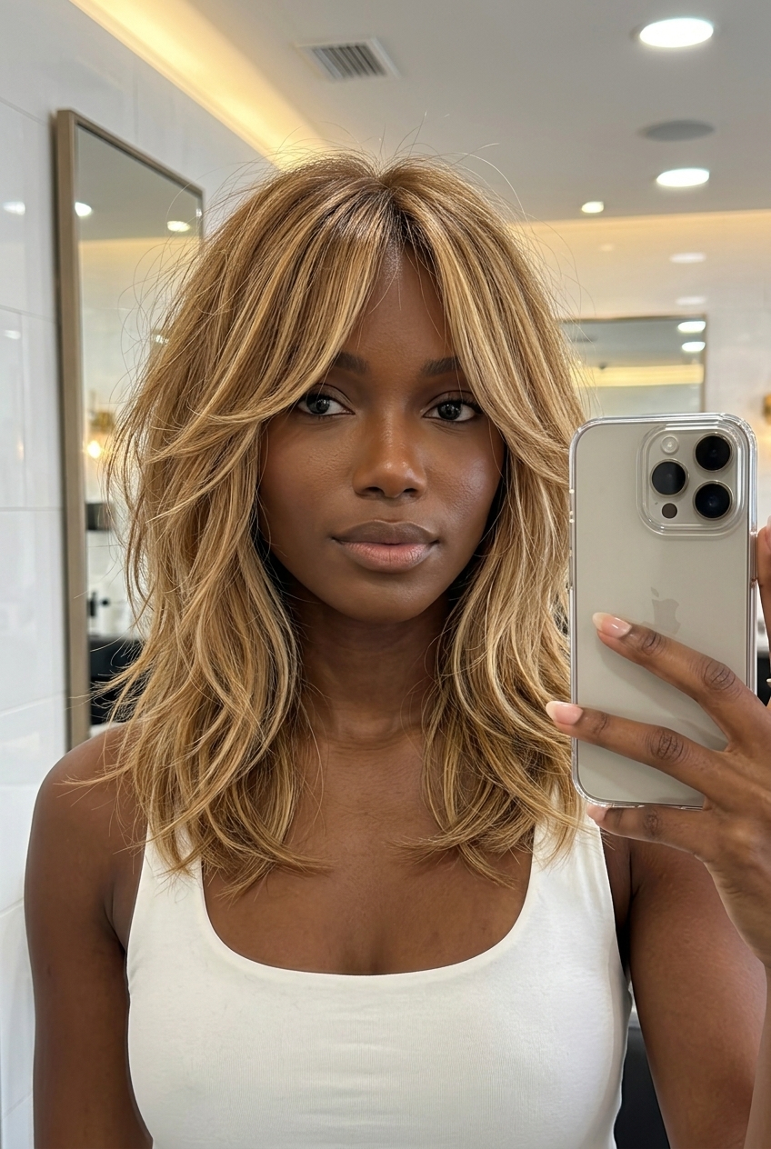 medium messy shag haircut with golden blonde balayage, diffused layers, and curtain bangs for summer