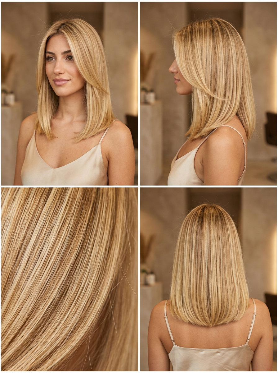 shoulder-length golden blonde lob with vanilla babylights for summer