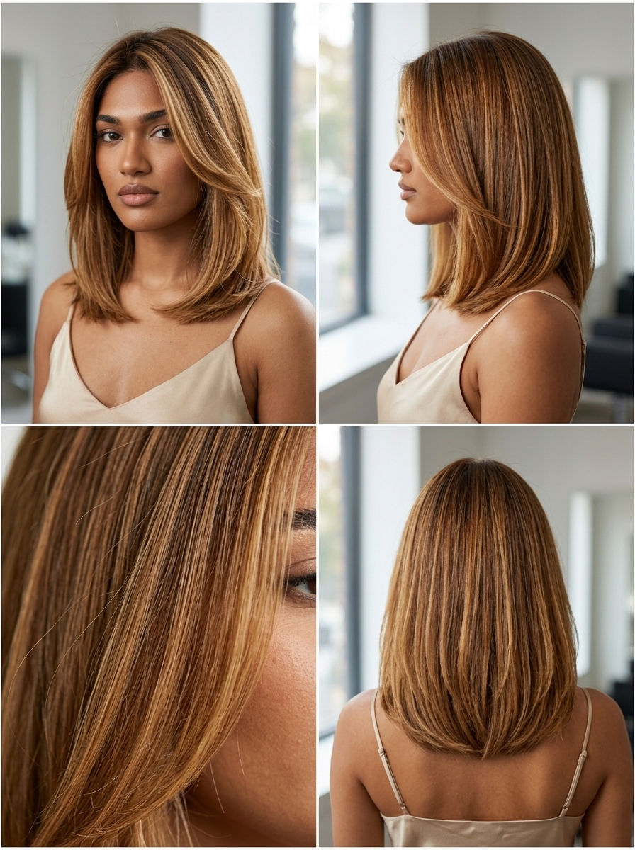 shoulder-length warm golden-caramel balayage on brunette lob, sun-kissed highlights, no fringe — playful summer brunch