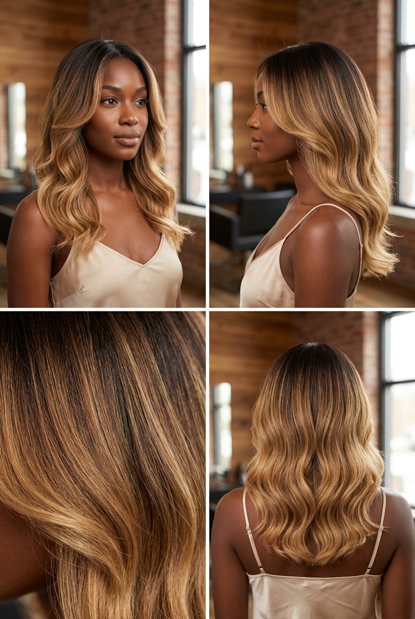 long golden espresso ombré hair with subtle layers and loose waves for glamorous look