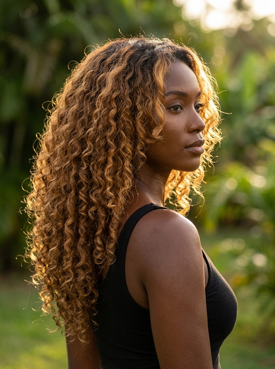 long face-framing balayage with warm honey amber on dark skin for summer 2026