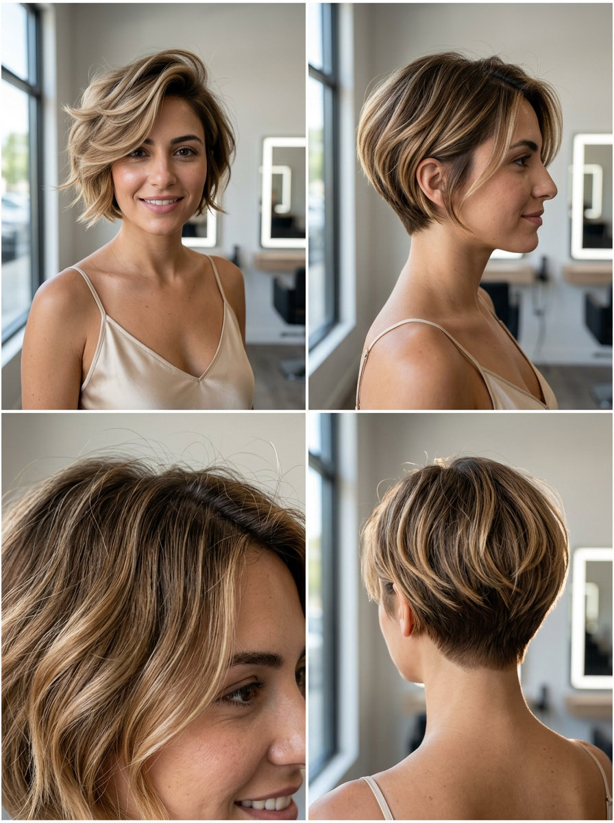 very short pixie haircut with sun-kissed honey balayage, textured layers for summer