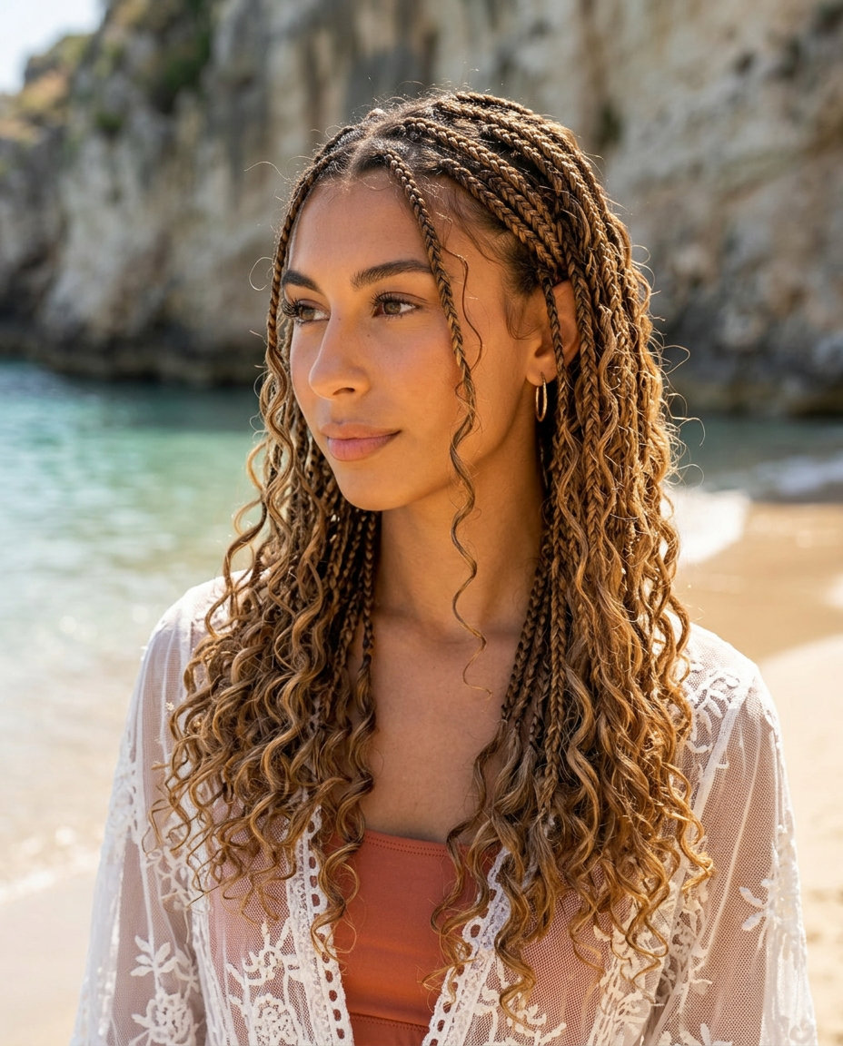 Golden Hour Goddess Braids 2026 extra-long honey wheat blonde and caramel knotless braids with curls