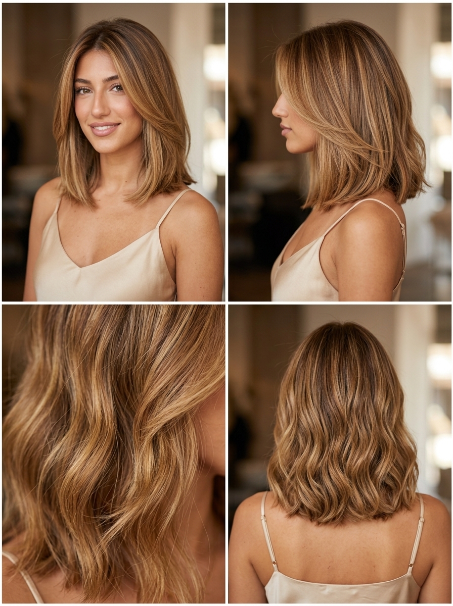 collarbone-length lob haircut with warm honey blonde, balayage highlights and face-framing layers — romantic chic
