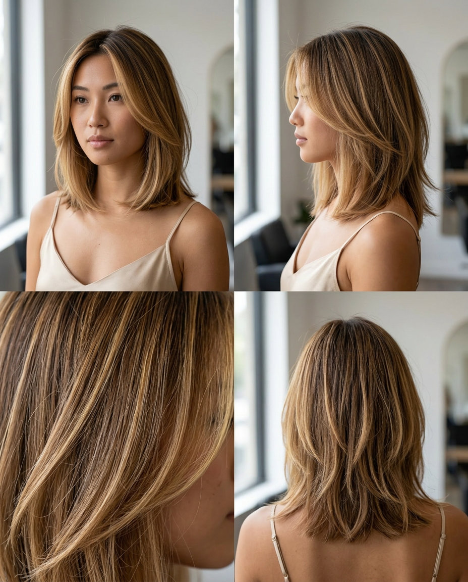 collarbone honey blonde razor bob with golden highlights and natural root, razored shag texture, playful mood