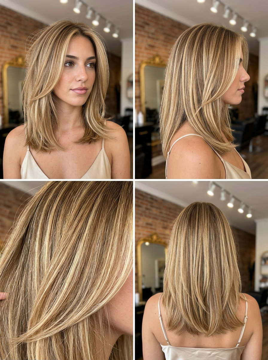 long honey blonde hair with golden babylights, balayage, no fringe — playful beachy waves