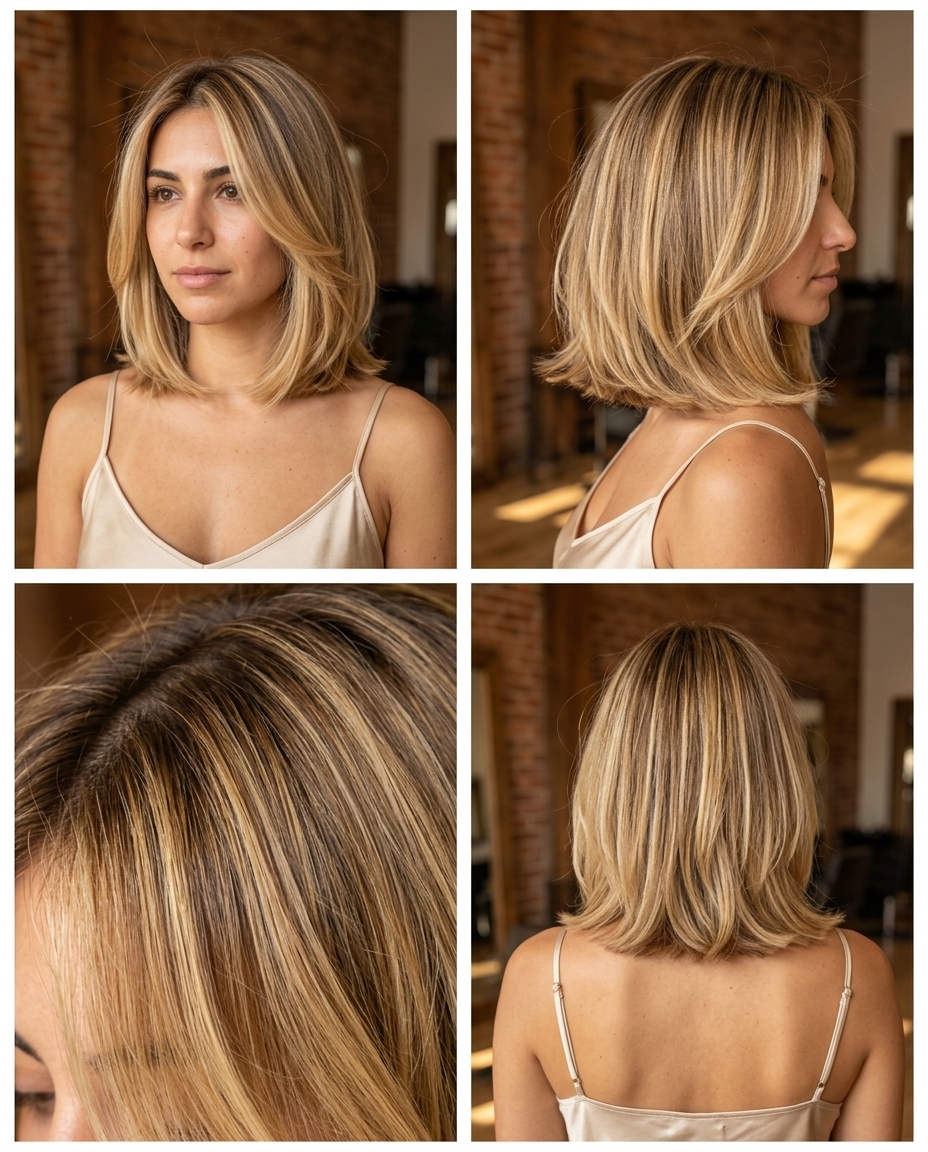 long honey blonde balayage layered bob with golden highlights and face-framing for a soft look