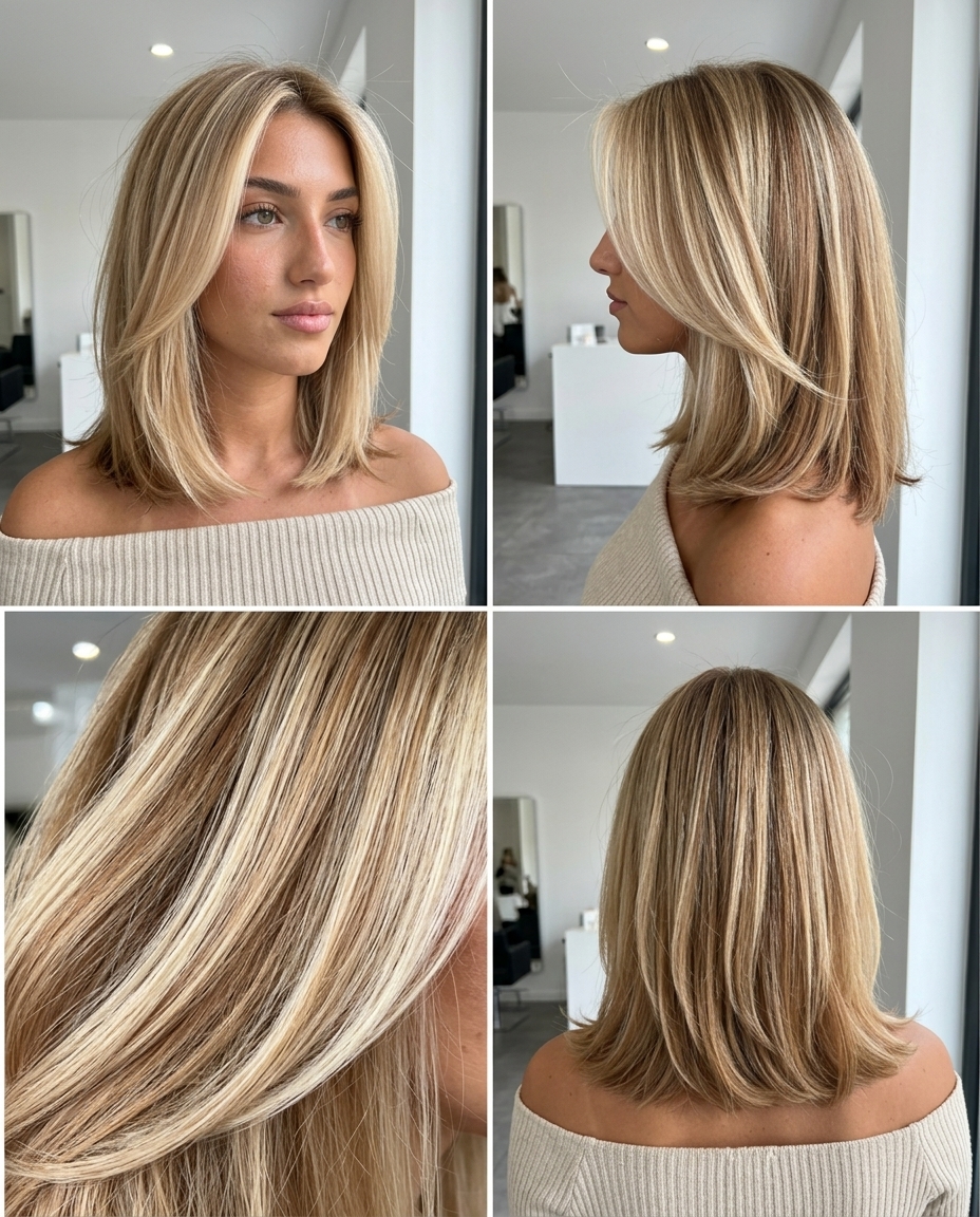 long honey blonde reverse balayage with champagne blonde, deep honey lowlights, no fringe — dimensional edgy glow