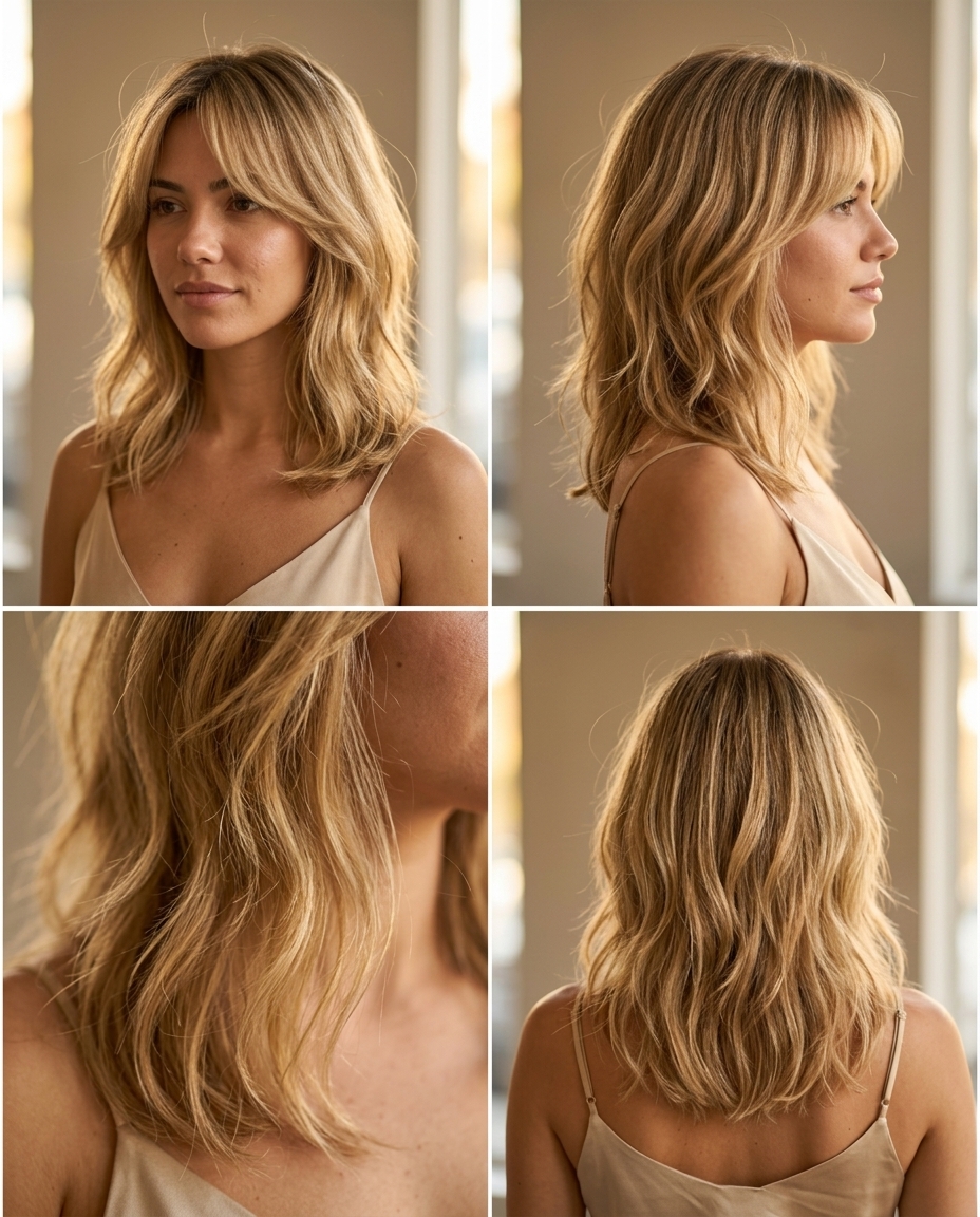 Sun-Kissed Honey Lob Wolf 2026 medium shaggy wolf lob in honey blonde with golden babylights, soft layers, and curtain fringe for effortless style