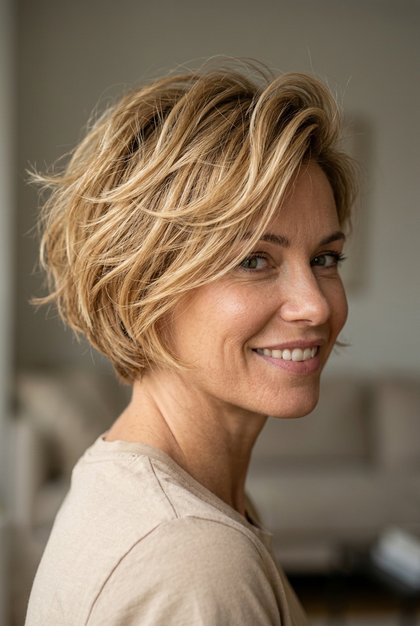 short textured bixie haircut in honey blonde with golden babylights for summer