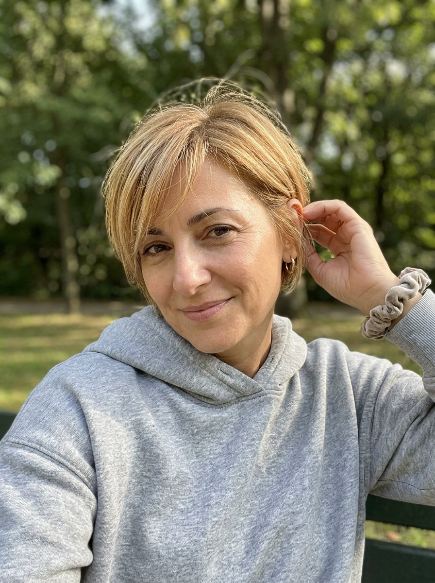 short honey blonde crop haircut with babylights and wispy fringe for playful style