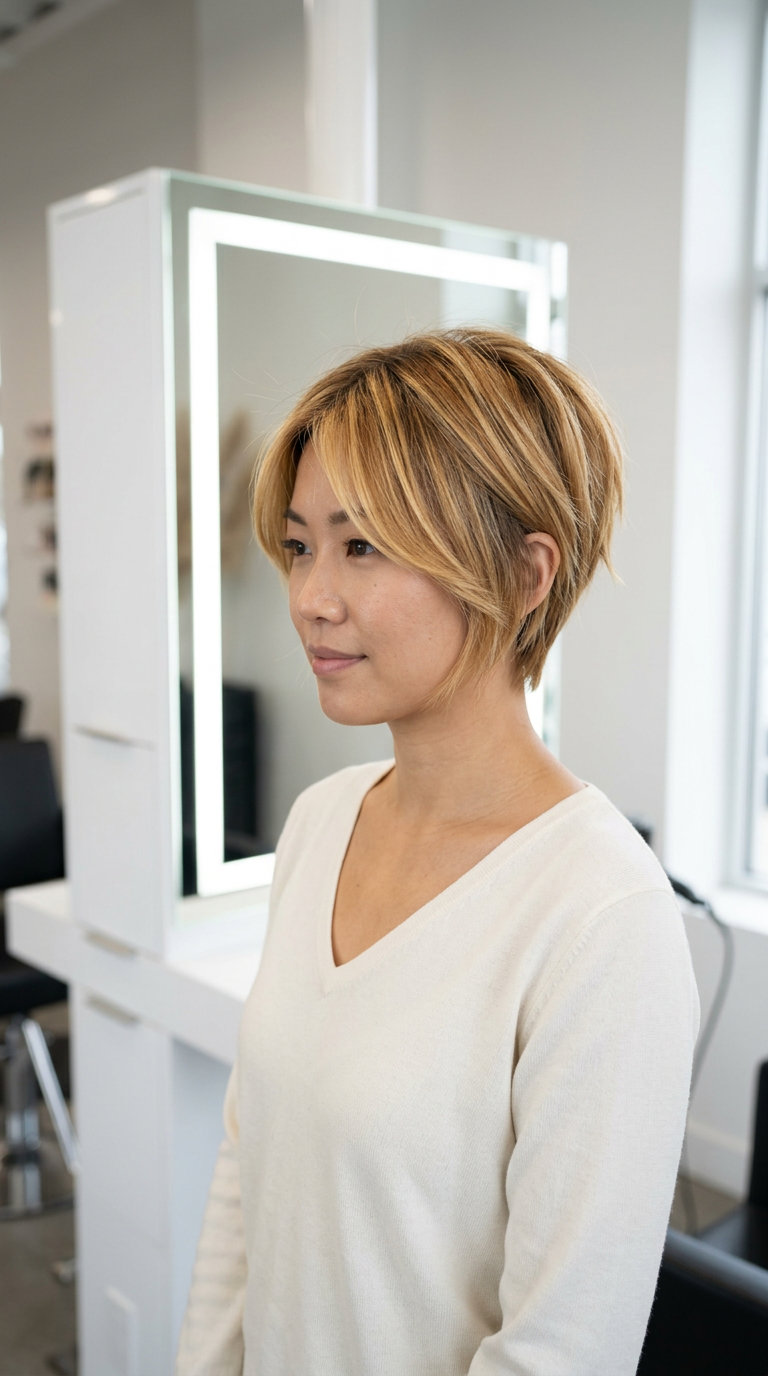 short pixie haircut with honey blonde balayage, textured layers for summer 2026