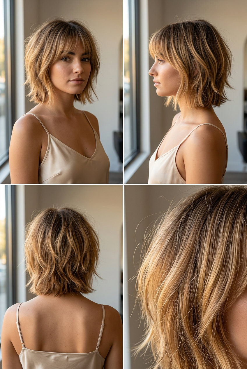 short honey blonde balayage shag with bottleneck bangs, layered texture — playful bohemian style
