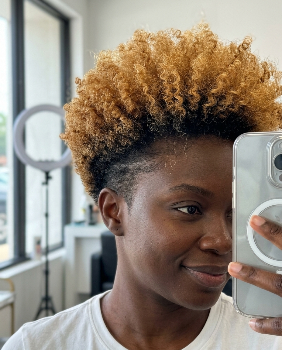 short honey blonde tapered afro with natural dark roots and defined coils for confident look