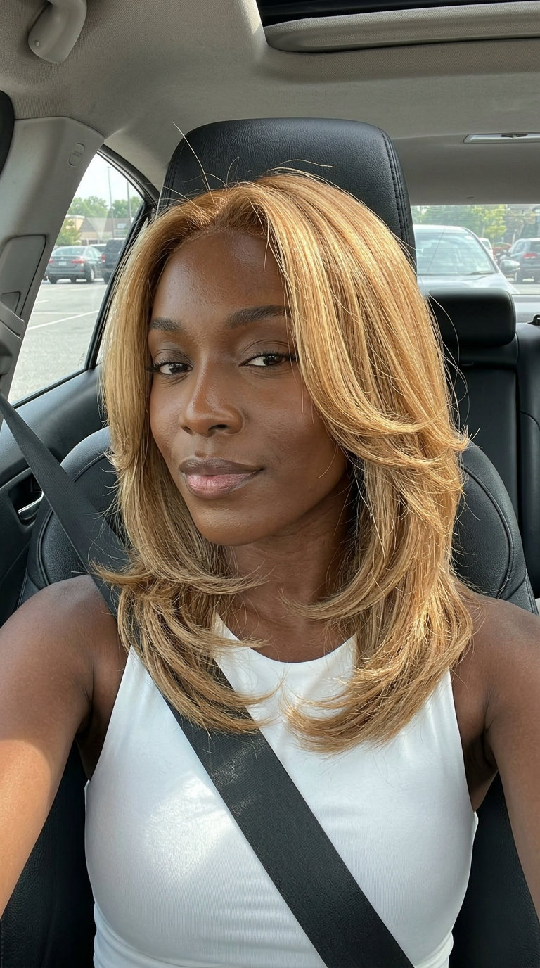 shoulder-length layered butterfly haircut in honey blonde with textured layers, no fringe — effortless and sun-kissed