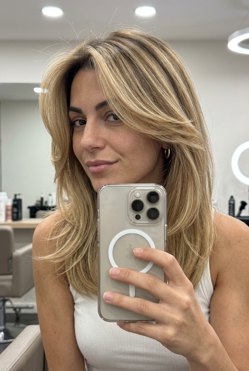 long champagne honey blonde hair with golden honey and creamy butter balayage for casual dates
