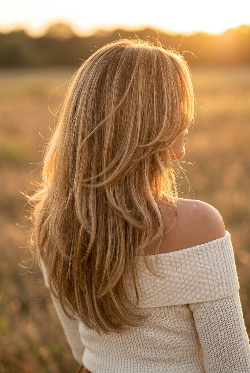 long butterfly haircut with honey blonde and caramel balayage, sweeping face-framing layers, V-cut back for romantic look