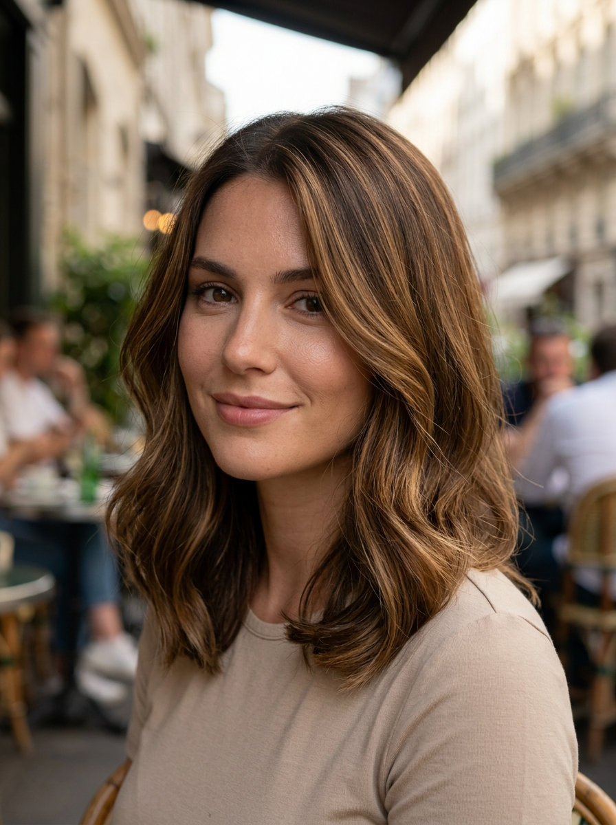 Honey Highlighted Wave Lob Haircut 2026 medium layered lob haircut with honey highlights, caramel balayage, and curtain bangs for date nights