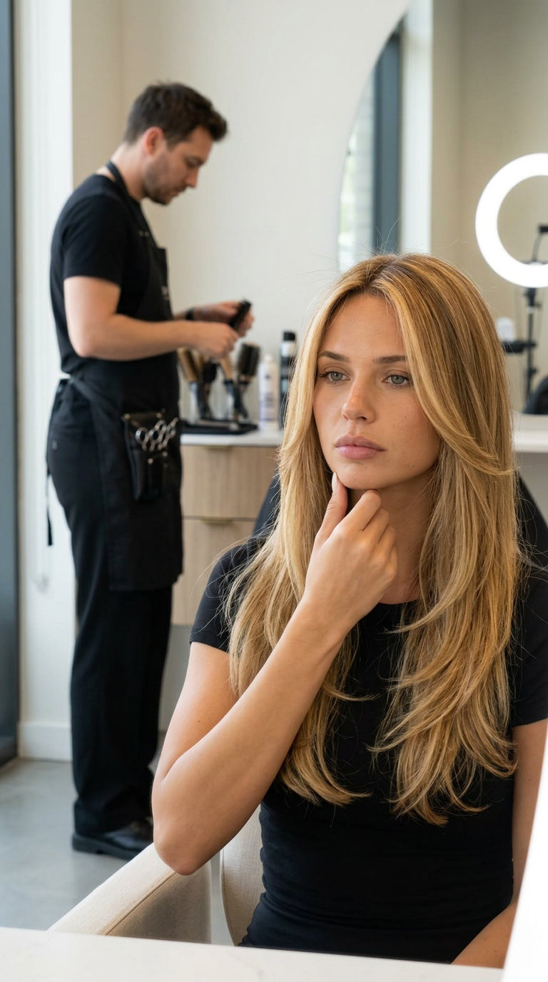 long honey glaze balayage on layered cut with face-framing for radiant elegance