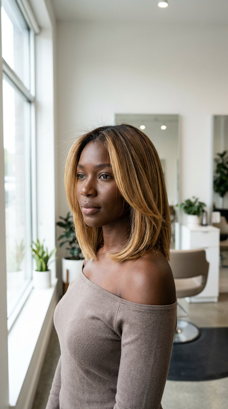 medium lob with honey glaze balayage, face-framing babylights — effortless summer vibe