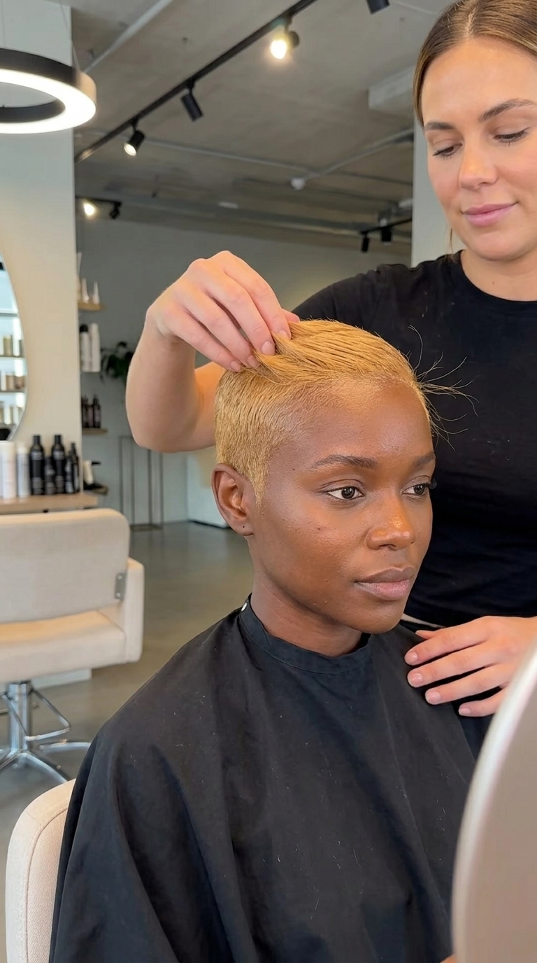 very short buzz cut with uniform honey glaze blonde — bold edgy summer statement