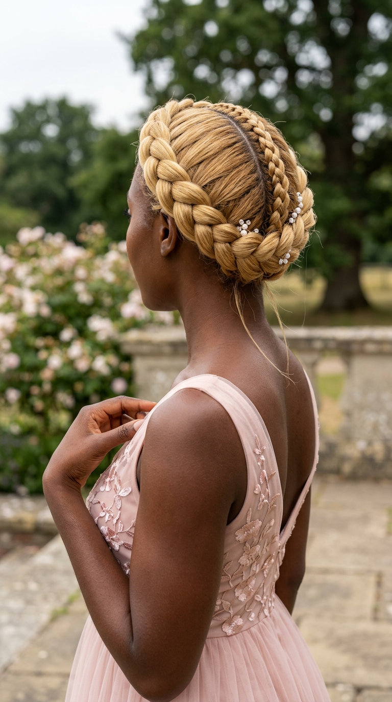 Honey Wheat Crown Braid 2026 medium crown braid with honey wheat blonde, halo effect — cute summer braids hairstyle 2026