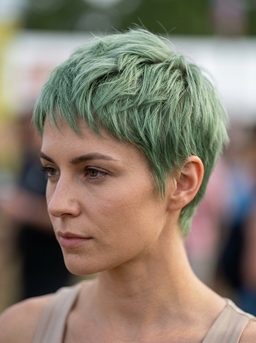 very short pixie haircut in matte iced matcha green with razored texture and micro-fringe for festival