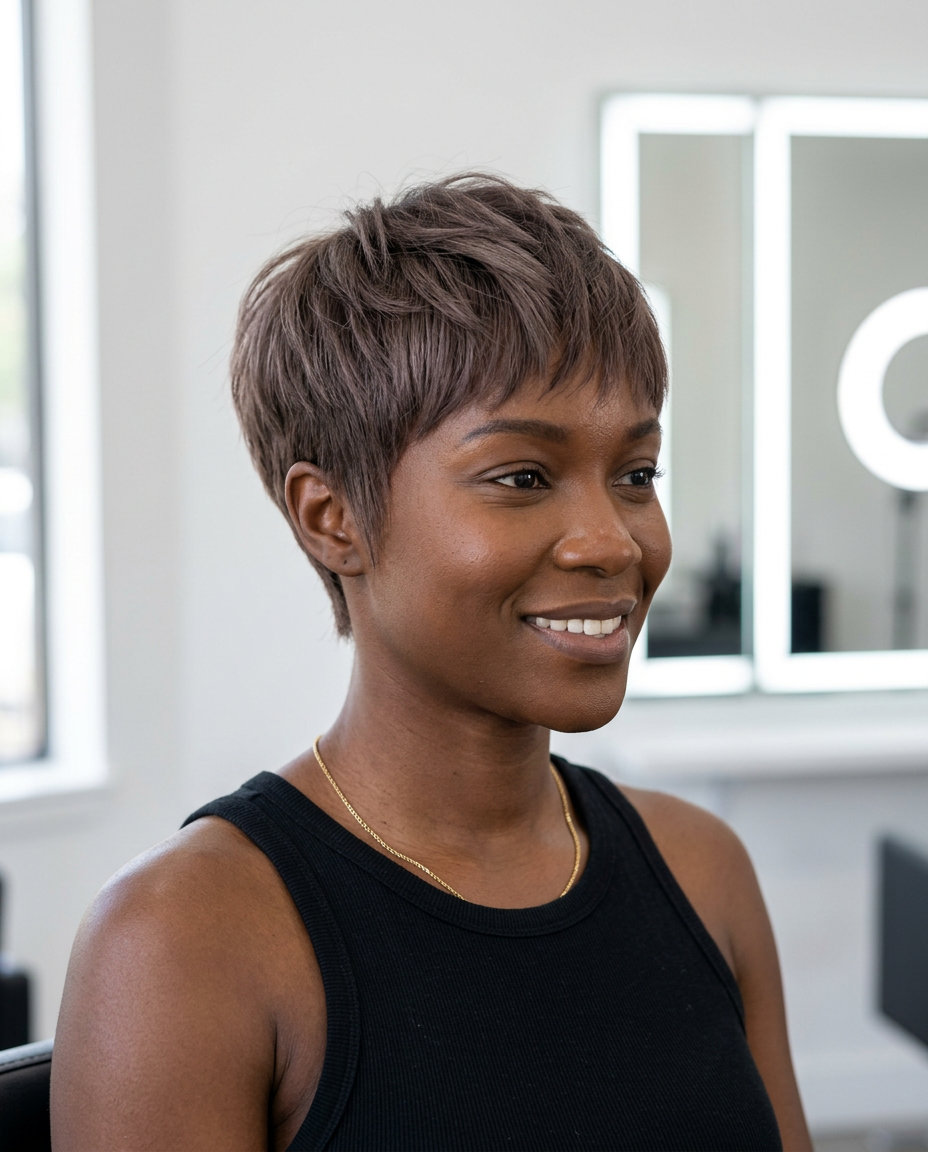 Iced Mocha Pixie Cut 2026 short pixie cut with iced mocha brunette, razored texture, soft fringe — edgy & confident