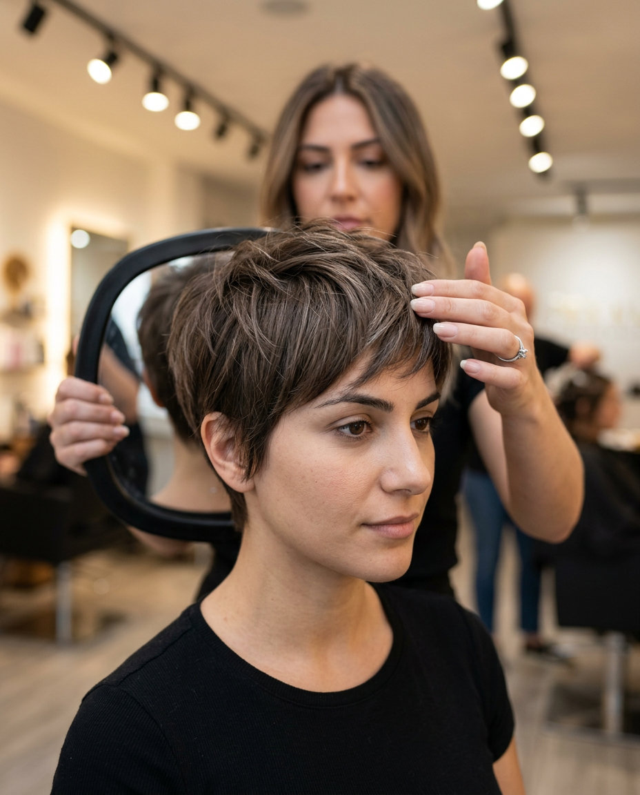 Iced Mocha Pixie 2026: Edgy & Cool short iced mocha pixie with ash undertones, tapered sides, razored texture — edgy modern