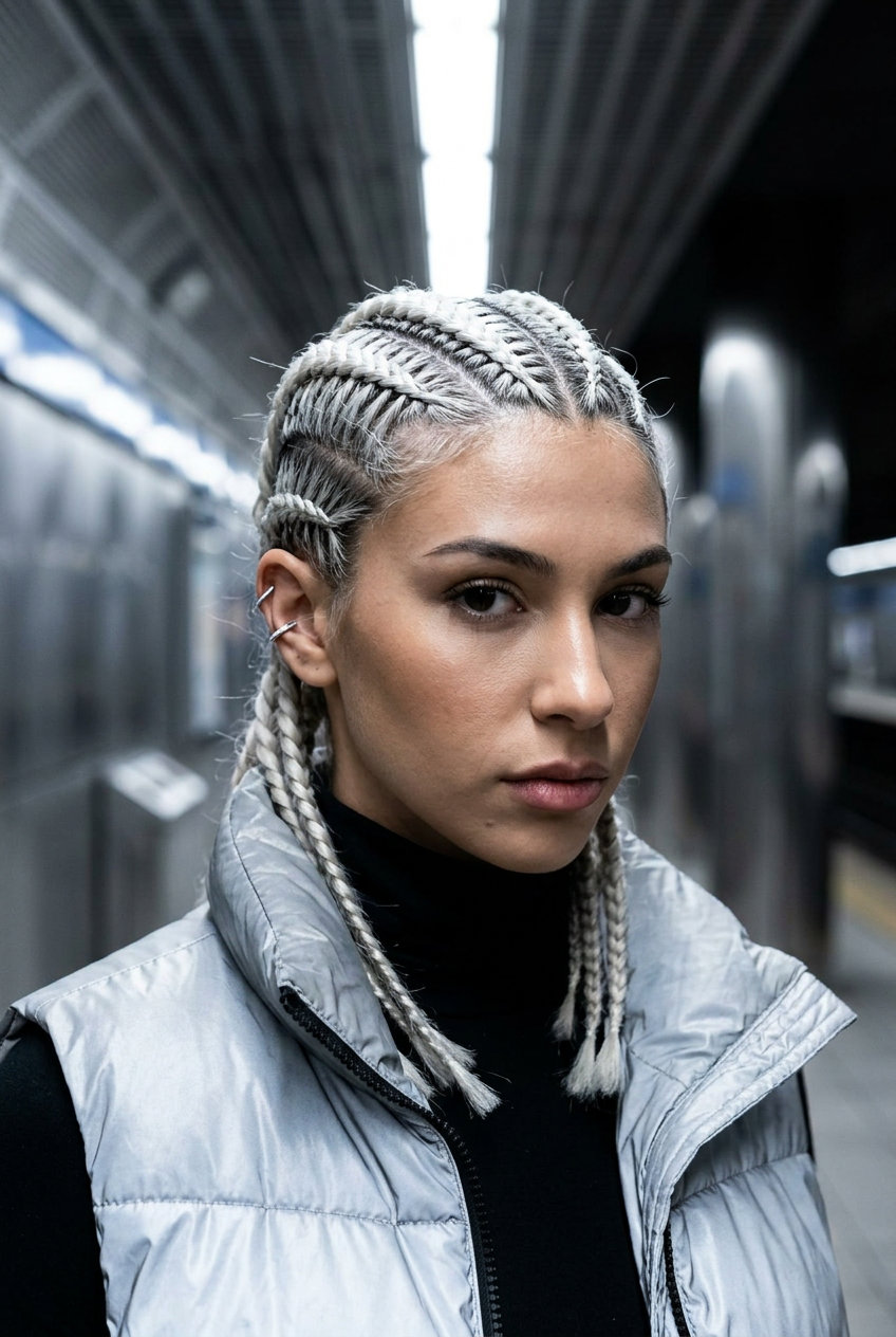 Cyberpunk Ice Cornrows 2026 shoulder-length cornrows with iced platinum blonde, sharp parts — cute summer braids hairstyle 2026