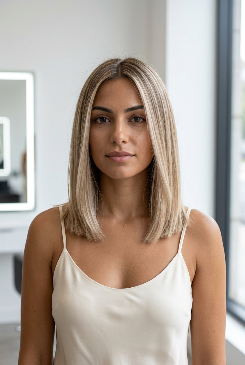 long champagne honey blonde hair with icy babylights and subtle beige undertones for professional events